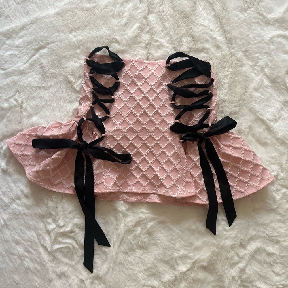 Sugar Thrillz Tea Time balletcore ribbon pink flared skirt - size small, NWOT